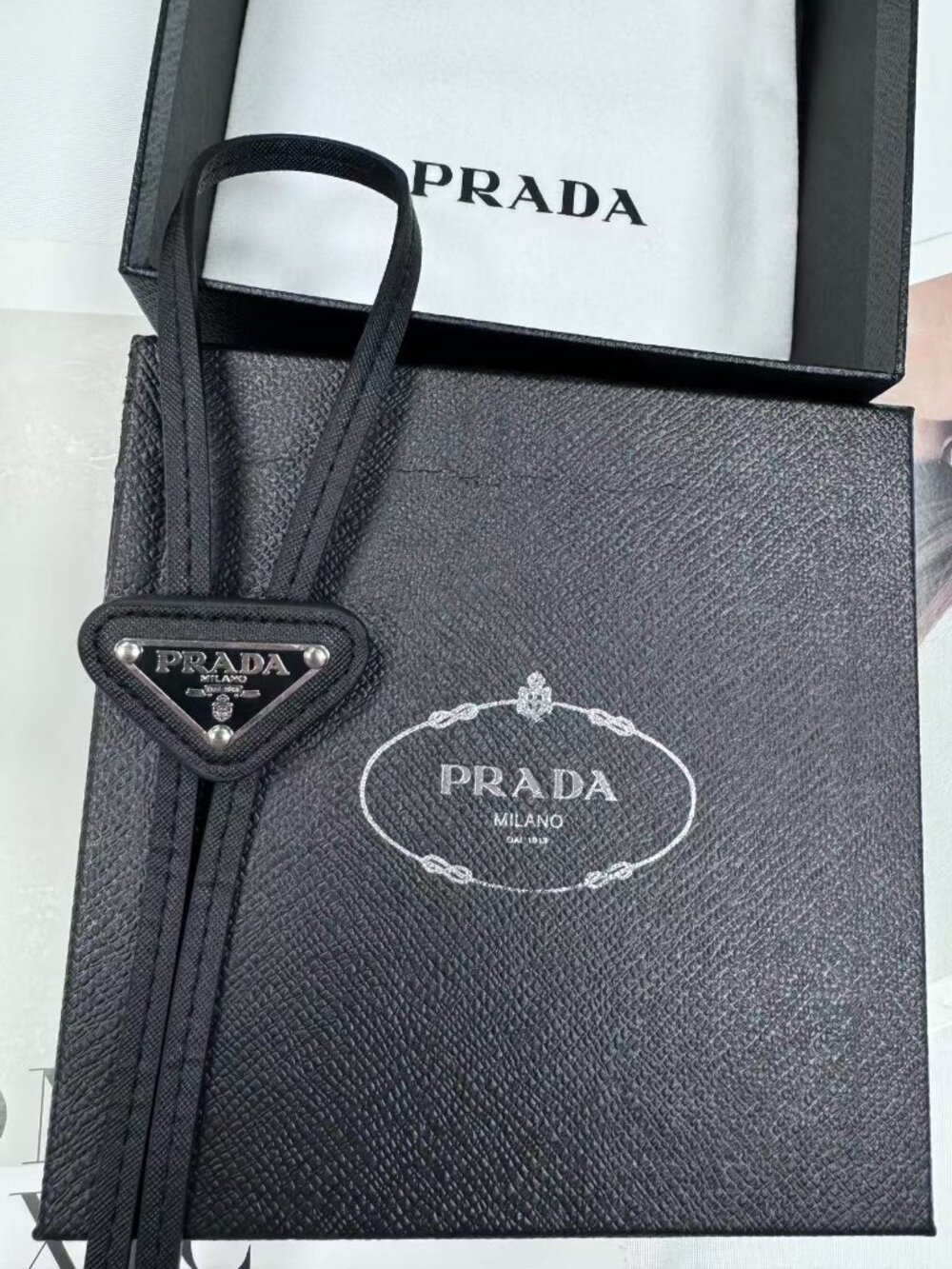 NWT Prada Saffiano Leather Bolo Tie Black Designer Western Luxury Gift 💘 Unisex - Picture 2 of 7